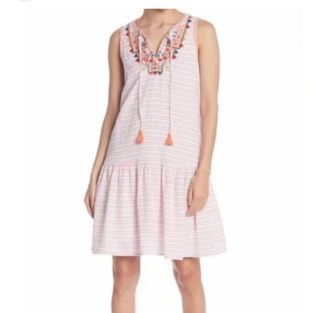 Beachlunchlounge women's medium linen stripe embroidered dress knee was white pi